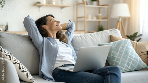 young woman with laptop, Work-life balance concept woman relaxing on sofa with laptop closed