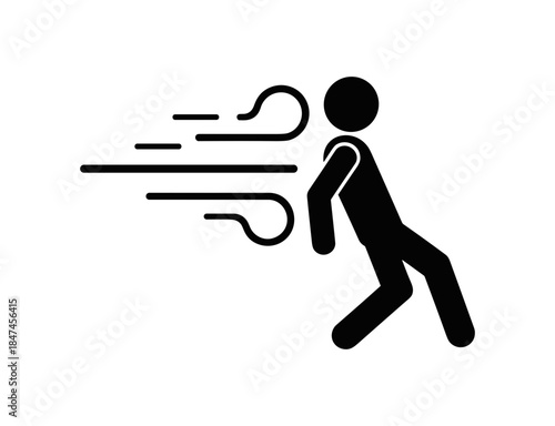 Man walking against strong wind simple black vector icon.