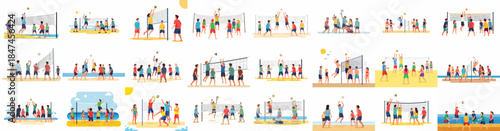 Collection of flat vector illustrations depicting people enjoying dynamic beach volleyball action, featuring spiking, blocking, and teamwork on sandy beaches during summer.