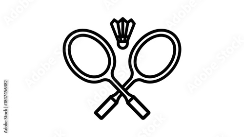 Crossed badminton rackets and shuttlecock vector line icon