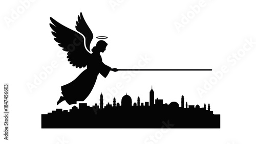 Angel measuring Jerusalem silhouette. Biblical prophecy concept with city skyline. Black vector illustration isolated on transparent background