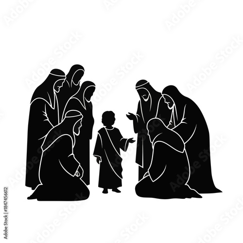 Biblical silhouette illustration of the child Jesus with elders. Religious vector scene of men kneeling in worship. Christian faith concept isolated on transparent background