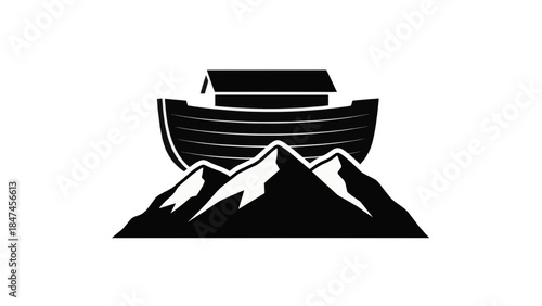 Noah's Ark resting on mountain peaks silhouette icon. Biblical vessel vector illustration. Religious symbol of salvation and faith