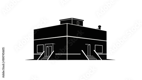 Building silhouette vector icon. Architectural structure with stairs and flat roof. Black and white minimalist illustration