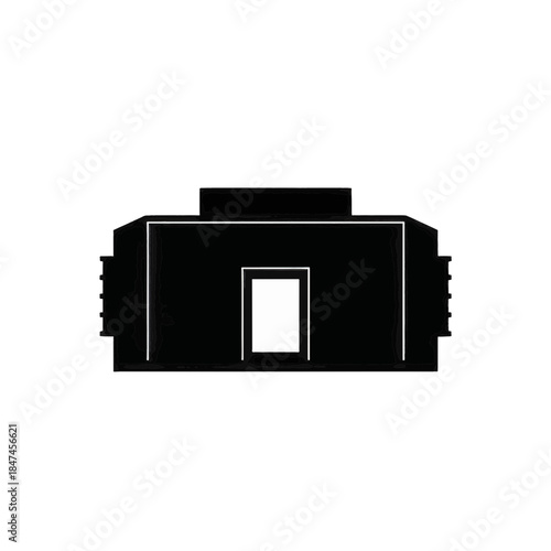 Black silhouette icon of a fortified bunker or heavy chest. Geometric vector symbol for military defense or storage concept. Flat design illustration