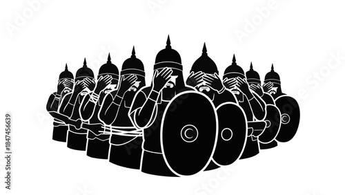 Silhouette of ancient soldiers covering their eyes. Blinded army vector illustration. Historical military concept isolated on transparent background