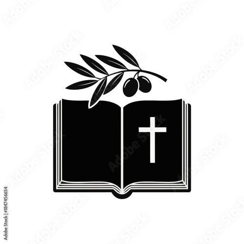 Bible with olive branch icon. Christian cross and open book symbol of peace. Black silhouette vector illustration