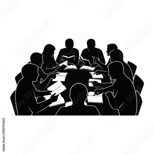 Bible study group silhouette illustration. People sitting around a table reading books and discussing. Black vector icon isolated on transparent background