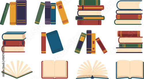 Colorful Book Collection Illustration Featuring Stacked and Open Books for Education, Library, Reading and Publishing Concepts Isolated on White Background