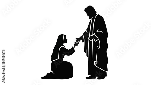 Silhouette illustration of Boaz redeeming Ruth. Biblical vector scene of a man helping a kneeling woman. Religious black and white graphic