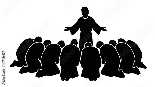 Biblical story of Joseph and his brothers bowing. Silhouette vector illustration of reverence and leadership. Religious concept isolated on transparent background