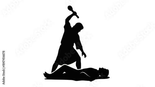 Silhouette illustration of Cain killing Abel. Biblical scene of the first murder. Black vector graphic isolated on transparent background
