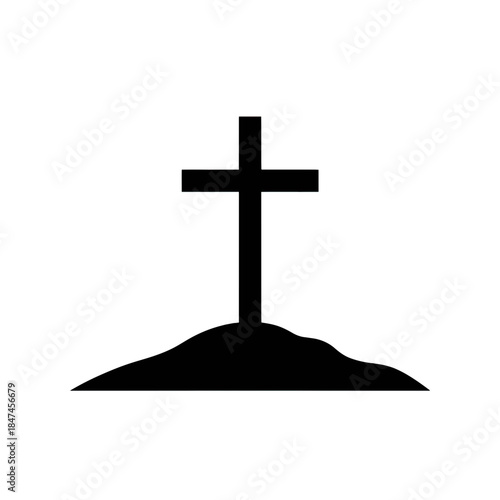 Christian cross on hill silhouette icon. Religious symbol of faith and crucifixion. Black flat vector illustration
