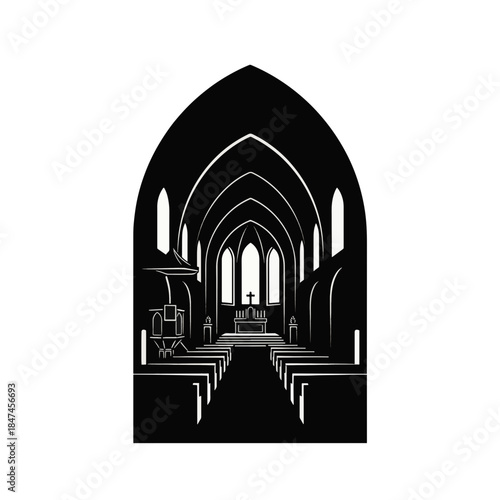 Church interior silhouette with altar and pews. Religious building vector icon. Black monochrome illustration of cathedral hall isolated on transparent background