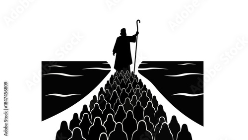 Silhouette illustration of the biblical Exodus. Moses parting the Red Sea and leading the Israelites. Religious vector graphic
