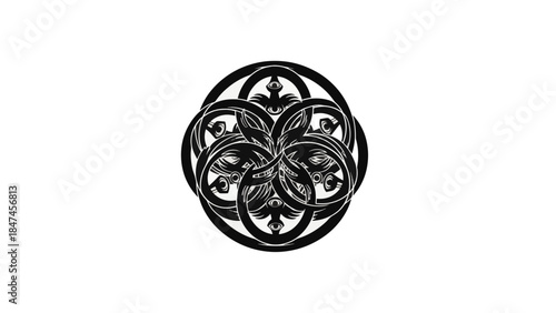 Ezekiel's wheel ophanim angel symbol. Intricate black and white line art with eyes. Mystical biblical vision vector illustration