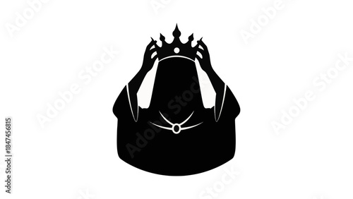 A silhouette icon of Queen Esther crowning herself. Minimalist vector illustration from a biblical story. Symbol of royalty, power, and destiny.