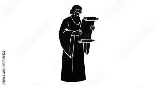A silhouette vector icon of the prophet Ezra reading the law from a scroll. Historical and religious illustration of a biblical figure