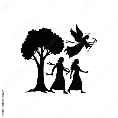 Silhouette vector illustration of the biblical expulsion from the Garden of Eden. Adam, Eve, and a guiding angel. Christian religious graphic symbol