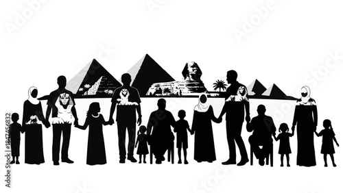 Silhouette illustration of families in Egypt. Vector graphic with pyramids and Sphinx landmarks. Community and travel concept design
