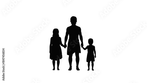 Family silhouette vector graphic. A parent holding hands with two children. Minimalist icon for parenting and community concepts