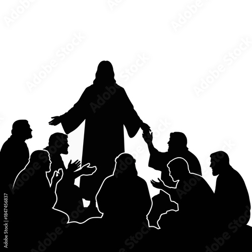 Silhouette of Jesus Christ teaching his disciples. Biblical vector illustration of a religious sermon. Christian graphic symbol isolated on a transparent background.