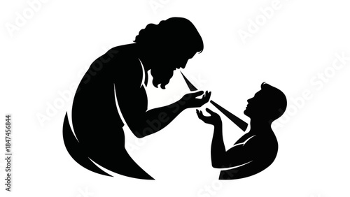 Silhouette of God breathing life into Adam. The biblical story of creation. Minimalist spiritual vector illustration