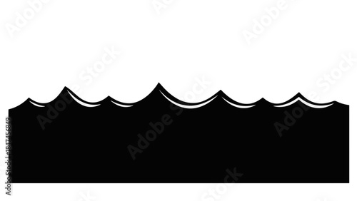 Simple water wave silhouette graphic. Flat black icon representing the sea, ocean, or a flood. Vector illustration used as a border or design element.