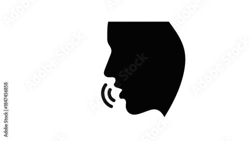 Voice command and speech icon. Minimalist flat silhouette of a talking head with sound waves. Vector graphic for UI and web design