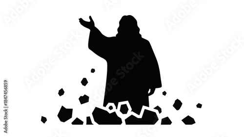 Jesus Christ rising from the tomb silhouette. A religious vector illustration for Easter. Christian symbol of faith and resurrection