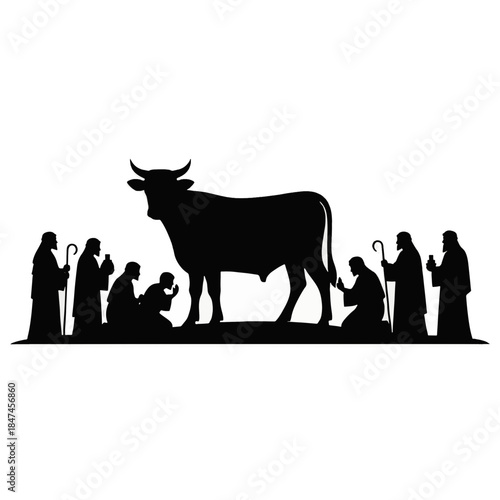 Silhouette of the Golden Calf biblical scene. Vector illustration of Israelites worshipping an idol from the Old Testament. Minimalist religious graphic