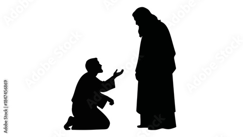 Silhouette of a man kneeling in prayer before Jesus Christ. Biblical illustration of faith, humility, and supplication. Minimalist Christian vector graphic