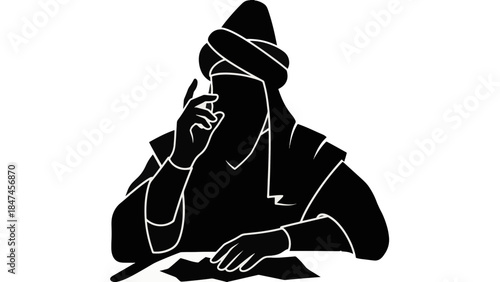 Historical scholar or poet silhouette vector icon. Illustration of a man in a turban, representing figures like Rumi or Haman. Minimalist graphic for history and literature concepts