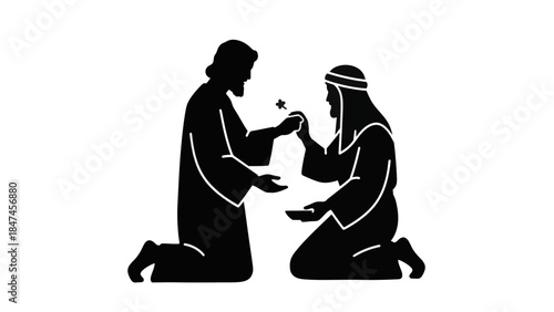 Biblical illustration of Jesus blessing a kneeling man. Christian silhouette icon representing faith and healing. Minimalist vector graphic