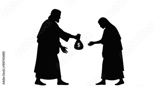 The prophet Hosea redeeming his wife. A biblical story of payment and forgiveness shown in a minimalist vector silhouette