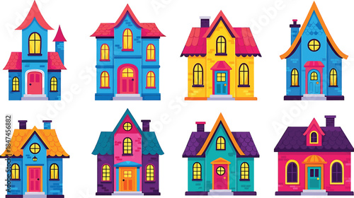 Colorful Cartoon Houses Collection Illustration Featuring Cute Fantasy Home Facades and Vibrant Architecture Designs Isolated on White Background