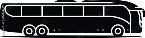 Modern Luxury Coach Silhouette, Minimalist Tour Bus Icon, Three-Axle Passenger Coach Profile, Black and White Bus Vector Graphic, silhouette, illustration, vector