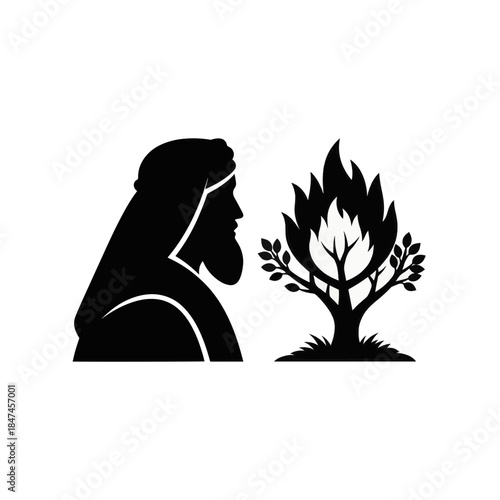 Moses and the burning bush vector illustration. Biblical religious icon. Flat design silhouette graphic. Spiritual story concept. Isolated on transparent background