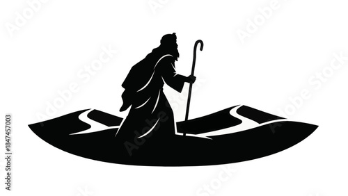 Silhouette of the prophet Moses walking in the desert. Biblical vector illustration representing the Exodus, faith, and leadership. Minimalist religious icon