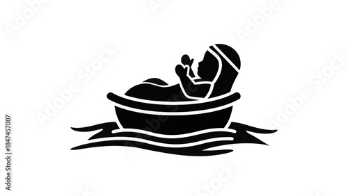 Baby in basket on river icon. Moses biblical story silhouette vector graphic. Isolated on transparent background