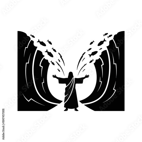 Moses parting the Red Sea vector illustration. Biblical miracle silhouette icon. Old Testament story graphic. Divine intervention and faith concept