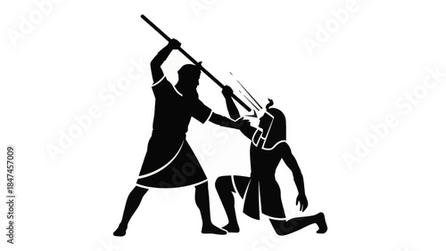 Moses striking Egyptian pharaoh silhouette. Biblical ancient history vector illustration. Conflict and justice concept