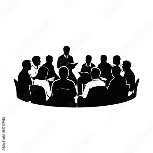 Silhouette illustration of a group meeting or bible study class. People in a circle for community discussion and support. Minimalist black and white vector graphic