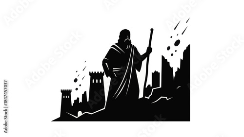 Ancient prophet silhouette vector illustration. Fall of city and destruction concept. Biblical judgment graphic isolated on transparent background