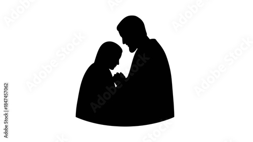 Minimalist silhouette vector illustration of two figures in prayer. Spiritual care and guidance concept. Isolated on transparent background