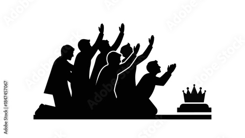 Silhouette vector illustration of people kneeling before a crown. Monarchy, loyalty, and worship concept. Isolated on transparent background
