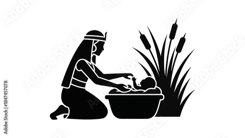 Moses in the basket silhouette vector illustration. Pharaoh's daughter finding baby among reeds. Biblical story icon graphic isolated on transparent background