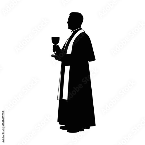 Priest silhouette vector illustration. Clergyman holding chalice for communion. Religious icon isolated on transparent background