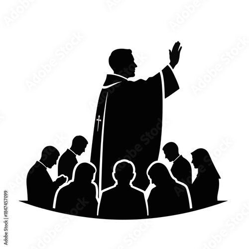 Priest blessing people silhouette vector illustration. Religious leader and congregation. Church worship and spiritual guidance concept. Isolated on transparent background