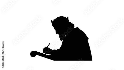 King or wise man writing silhouette. Ancient monarch with crown and scroll. Minimalist vector illustration. Historical wisdom icon